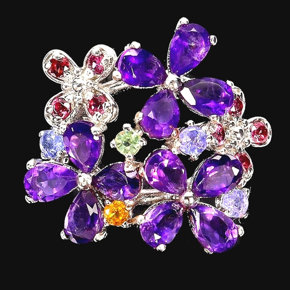 Natural Amethyst, Rhodolite, Sapphire, Tanzanite 925 Sterling Silver Ring 8.25‎